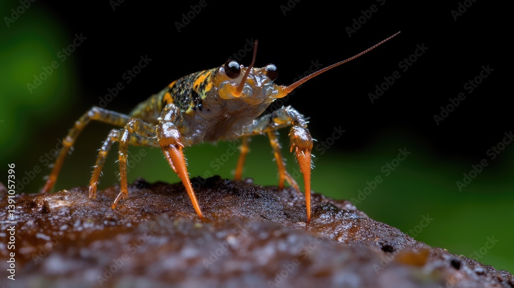 Close-up of a colorful crustacean on a dark rock Close-up of a colorful crustacean on a dark rock