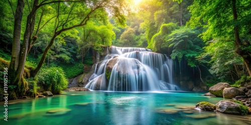 Peaceful forest scene: a serene waterfall spills into a crystal pool, nature's tranquility captured.