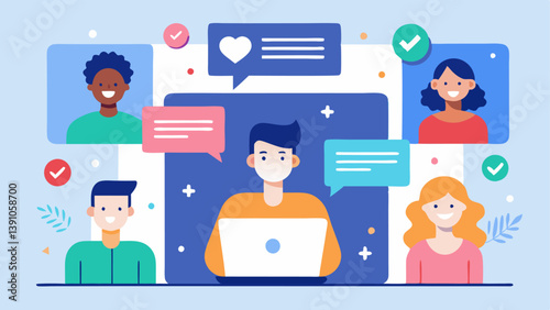 Community Forum An illustrated online forum page filled with discussions where team members are sharing stories and engaging through comments and likes.