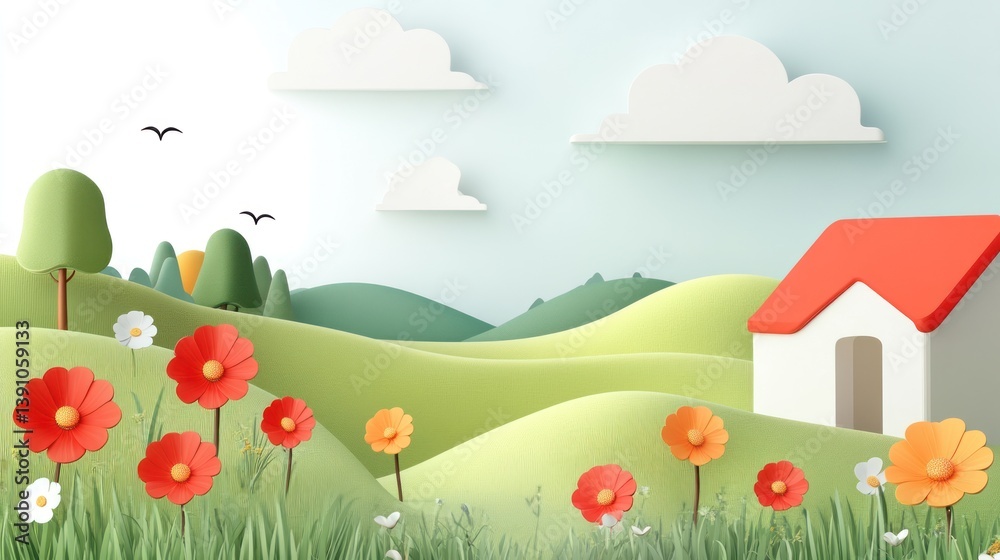 Fototapeta premium Spring Hills, Cute House, Colorful Flowers