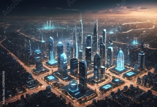 Vector of a smart city skyline powered by AI, with drones, autonomous cars, and glowing data streams