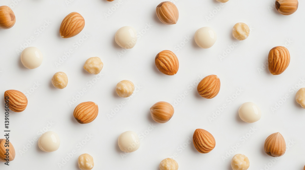 Modern composition of golden hazelnuts and macadamia nuts on white background Modern composition of golden hazelnuts and macadamia nuts on white background