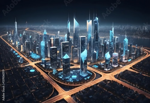 Vector of a smart city skyline powered by AI, with drones, autonomous cars, and glowing data streams