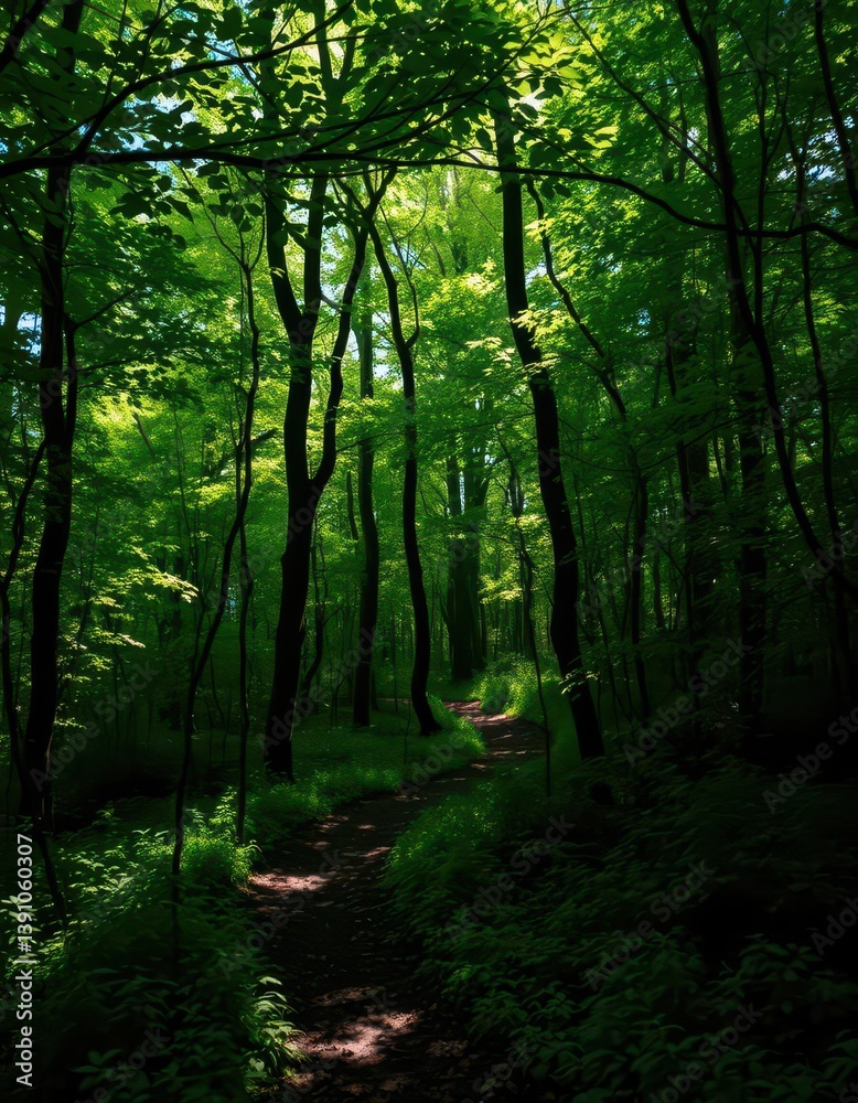 Obraz premium Misty forest path winds through dense foliage, sunlight dappling the undergrowth, mystical, adventure