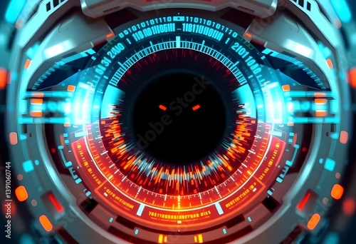 Close-up of a robotic eye scanning digital data, hyper-detailed with reflections and futuristic HUD (heads-up display) elements.
