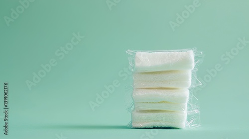 Obraz na płótnie Close-up of white medical cotton gauze, packaged in clear sterile wrap, placed against a clean green background, minimalistic composition, soft natural lighting w salonie