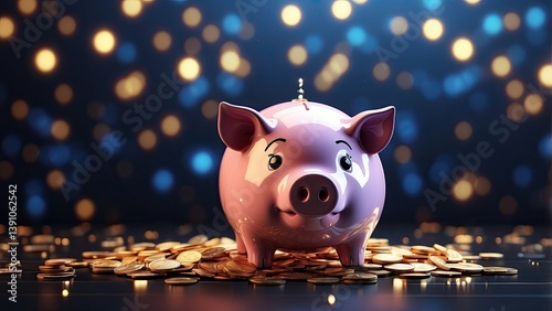 A glowing, digital-style piggy bank with binary code patterns on its surface