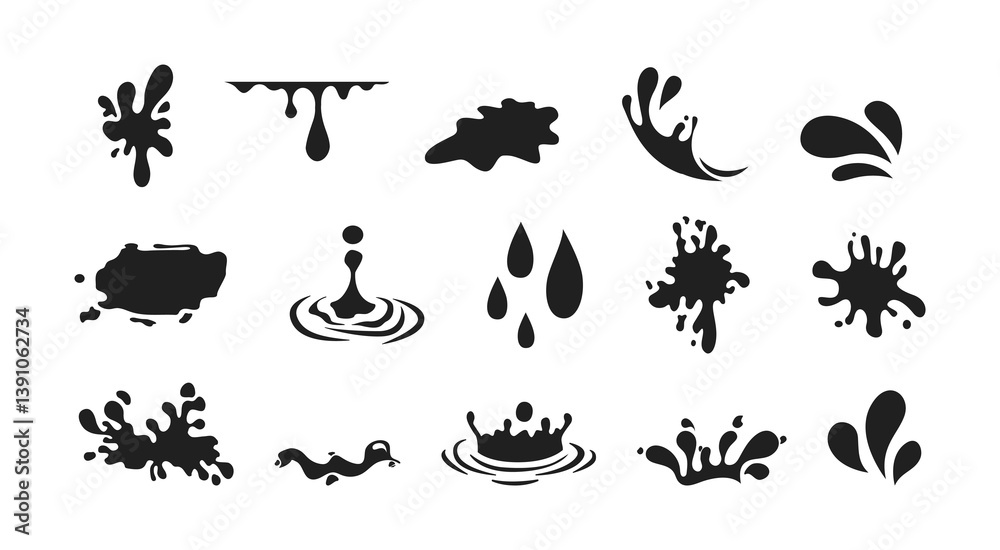 Obraz premium water splash on black vector design set of illustration isolated white background. Monochrome Set of water wave splashes, falling aqua drops, sea or ocean waves.