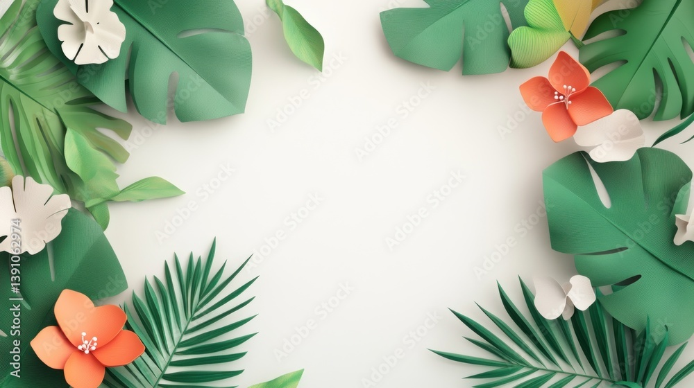 Fototapeta premium Tropical paper art frame on white background