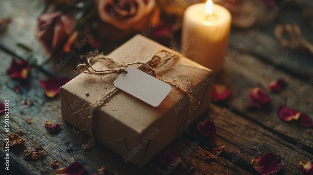 Detailed shot of Valentine's sustainable gift set, blank tag attached to kraft box, dried rose petals scattered around, soft romantic lighting