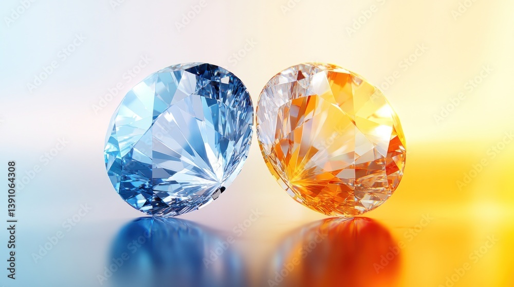 Two gems, contrasting colors, studio setting, vibrant background