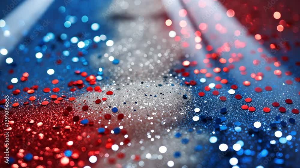 Patriotic glittery confetti backdrop featuring red, white, and blue sparkles for party invites.