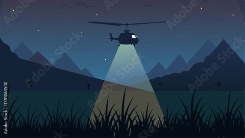 Open Field Search Illustrate the helicopter flying over an open field at dusk its spotlight revealing a person hiding behind tall grass.