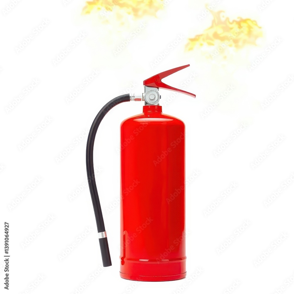 Obraz premium Red fire extinguisher against fiery orange background, isolated on white, fire blanket, wildfire, flame
