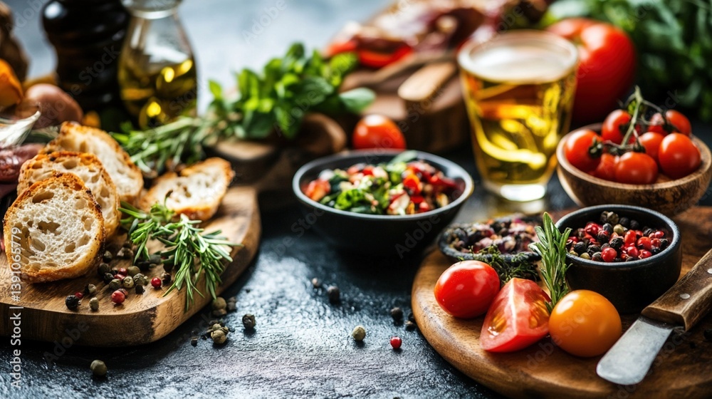 Assorted appetizers and drinks on rustic wooden boards Assorted appetizers and drinks on rustic wooden boards