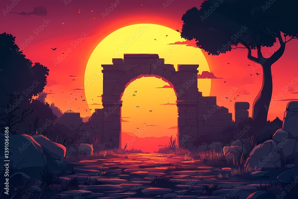 Fototapeta premium Dreamlike Sunset Glow: A Whimsical Illustration of Ancient Ruins and Archways in Nature's Vibrant Evening Sky