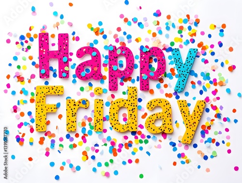 Celebrating Happy Friday with Colorful Confetti on White Background