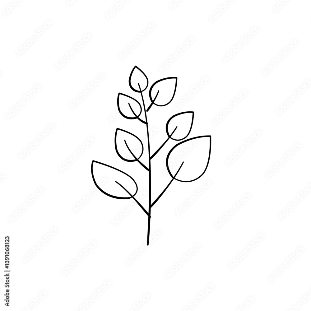 Minimalist Line Art Botanical Illustration: Simple Branch with Elliptical Leaves Minimalist Line Art Botanical Illustration: Simple Branch with Elliptical Leaves