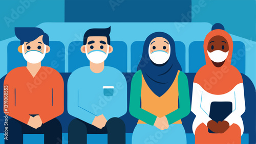Funny Face Masks People in a waiting room humorously wearing different silly masks turning a tense situation into a fun moment filled with laughter.