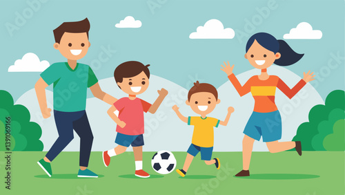 Family Playing Sports with Smiles A family playing soccer together in a park with all members smiling showcasing the bond and happiness that family activities foster.
