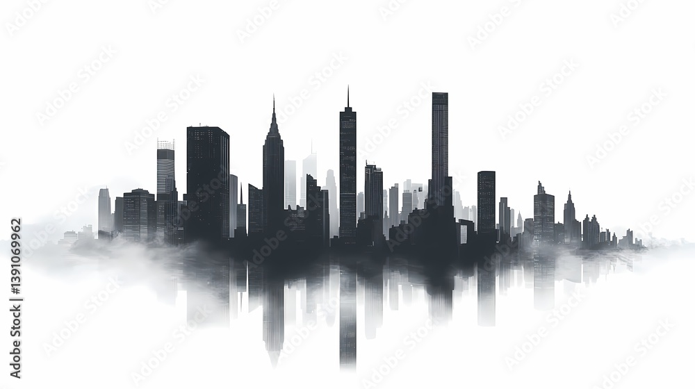 Naklejka premium Futuristic Monochrome Cityscape Skyline Silhouette: Skyline Art and Photography
