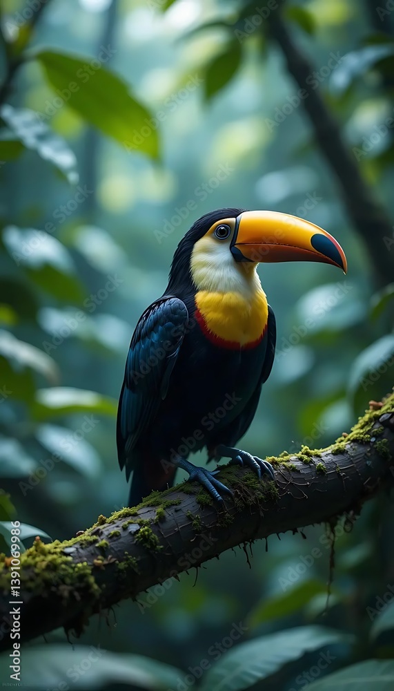 Toco toucan perched in the lush, vibrant heart of the tropical rainforest Toco toucan perched in the lush, vibrant heart of the tropical rainforest