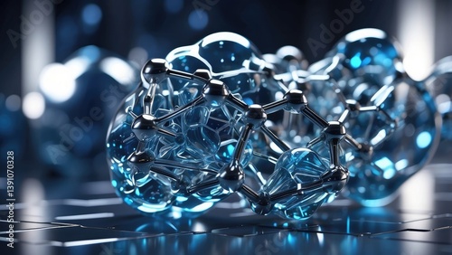 Image of a molecular structure comprising interconnected transparent spheres set against a soft
