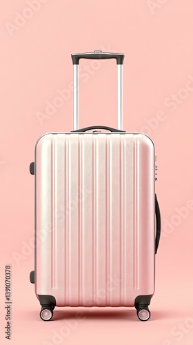 Pink travel suitcase on pastel background, pink travel suitcase with wheels for vacation, pink travel suitcase ideal for stylish travel photography