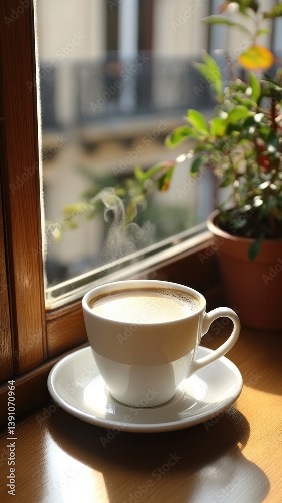 Obraz premium A white coffee cup with steam rising from it sits on a saucer on a table. The cup is placed in front of a potted plant, which is also visible through the window. Concept of relaxation and comfort