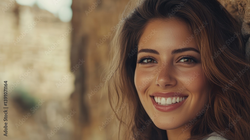 Smiling woman, ancient ruins backdrop, travel portrait, summer Smiling woman, ancient ruins backdrop, travel portrait, summer