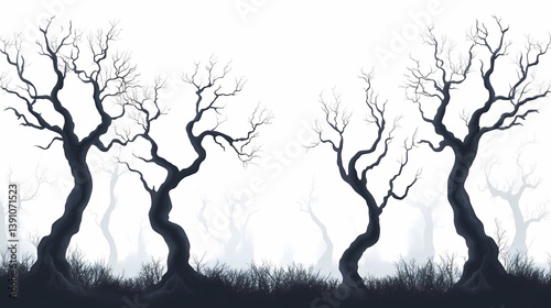 Spooky Black and White Forest Illustration: Mystical Sihouette Artwork of Barren Trees, Twisted Branches, and Ethereal Nature Scene
