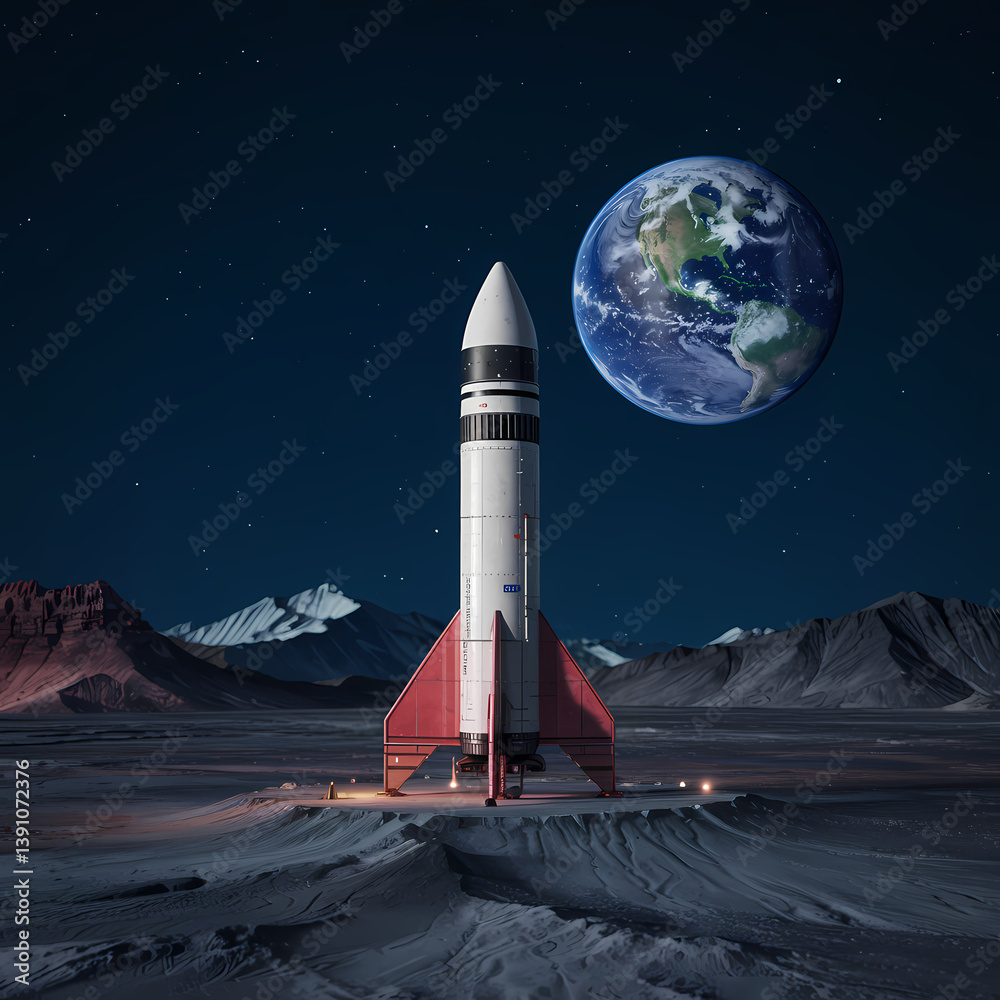 Naklejka premium A sleek rocket with red fins is standing on a rocky celestial surface, with Earth glowing brightly in the background against a starry night sky.