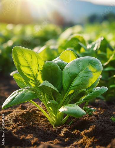 Spinach Plant in Sunlight: A vibrant spinach plant, bursting with fresh green leaves, thrives under the warm glow of the sun, representing health, nutrition, and the beauty of nature's bounty.