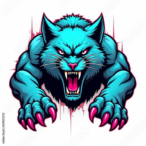 Futuristic AI-generated wildcat vector with glitch aesthetics, neon hues, and aggressive expression, centered on a white isolated background for versatile use.