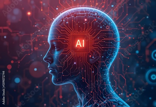 AI chip implant on a human head with digital connection lines, realistic vector style with smooth gradients and cyberpunk tones
