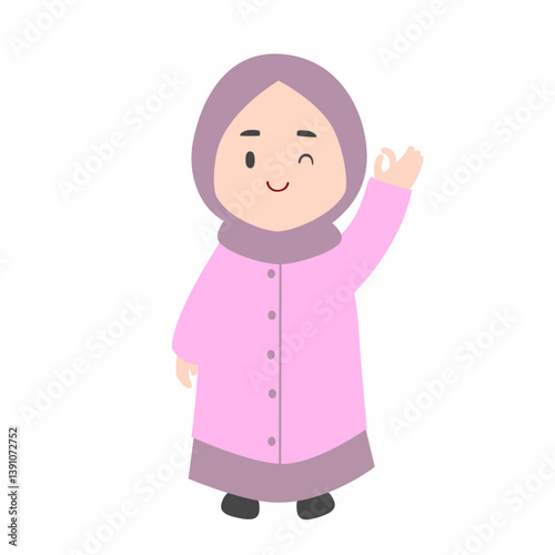Playful Wink and OK Sign: Cartoon Girl in Lilac Hijab and Abaya