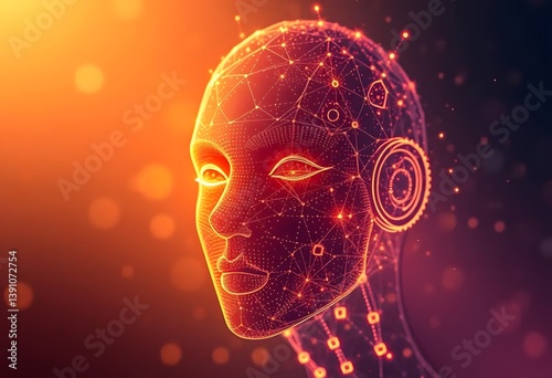 Abstract AI face made of digital particles and glowing wireframes