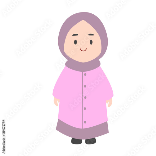 Smiling Girl in Lavender Hijab and Abaya, Cute Cartoon Illustration