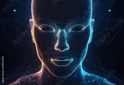 Abstract AI face made of digital particles and glowing wireframes