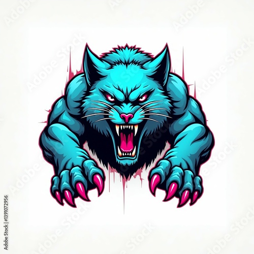 Cyberpunk-inspired wildcat mascot Ai generated, in a fierce pouncing pose with glitch effects, bold neon colors, sharp claws, and symmetrical design on a clean background