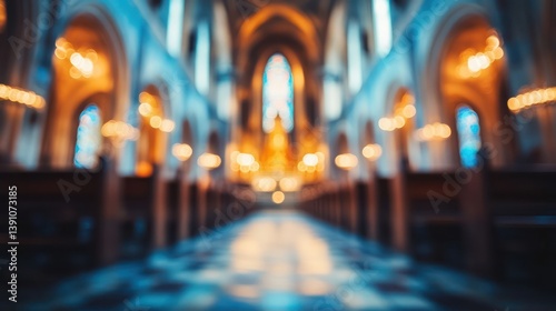 Blurry church interior, aisle view, stained glass, candles, worship