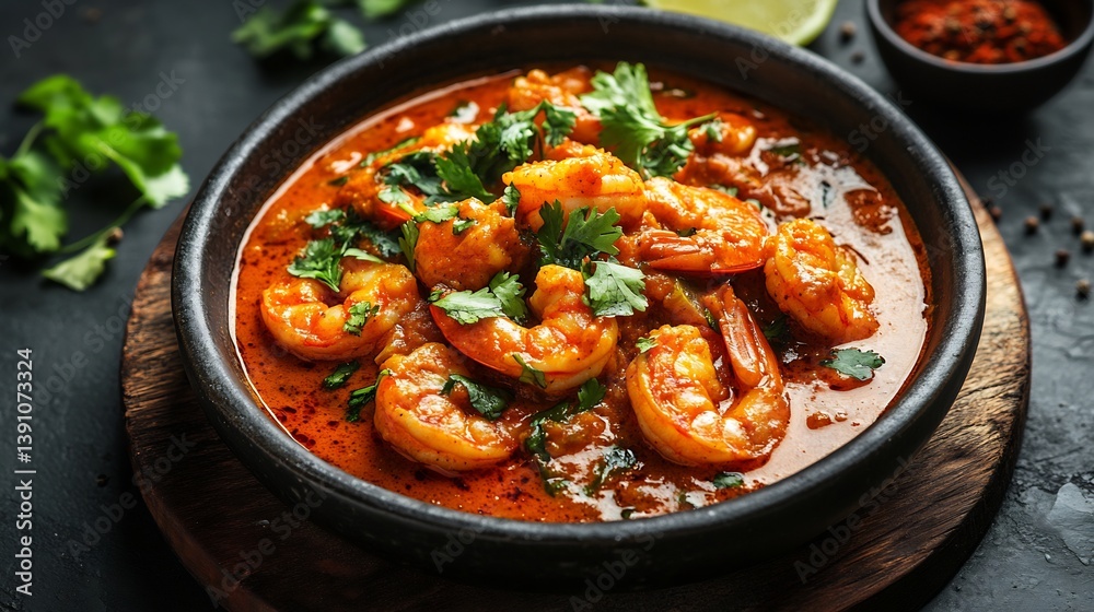 Serving of spicy prawn curry from India with succulent prawns and a rich red gravy captured in a bold high resolution traditional culinary photography scene
