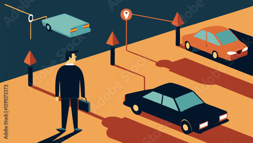Parking Lot Observation An illustration of a parking lot where multiple surveillance cameras are pointed towards a man trying to unlock a car with a vigilante aura in the