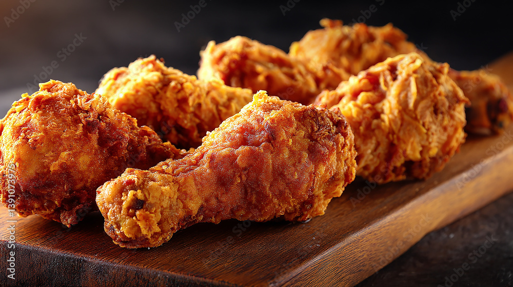 Fried chicken drumsticks on a wooden board, side view Fried chicken drumsticks on a wooden board, side view