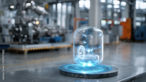 Futuristic holographic device in industrial setting.