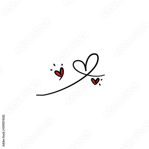 Hand-drawn Swirling Line with Three Tiny Hearts