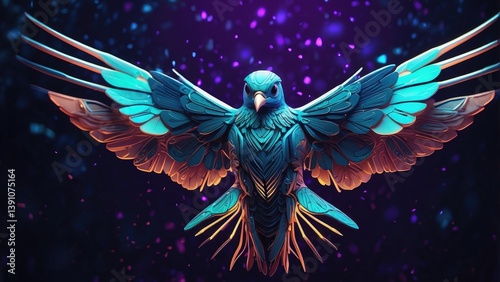 an image of a blue bird flying through the air with sparkles on the background