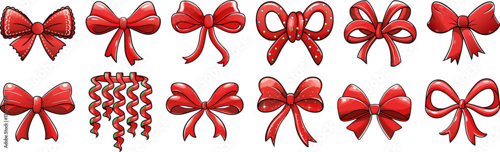Collection of festive red bow and ribbon illustrations in various styles. Perfect for holiday, gift, and celebratory designs. Collection of festive red bow and ribbon illustrations in various styles. Perfect for holiday, gift, and celebratory designs.