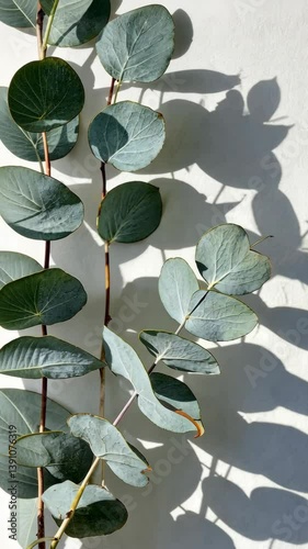 Eucalyptus leaves casting beautiful shadows on white wall during sunny afternoon