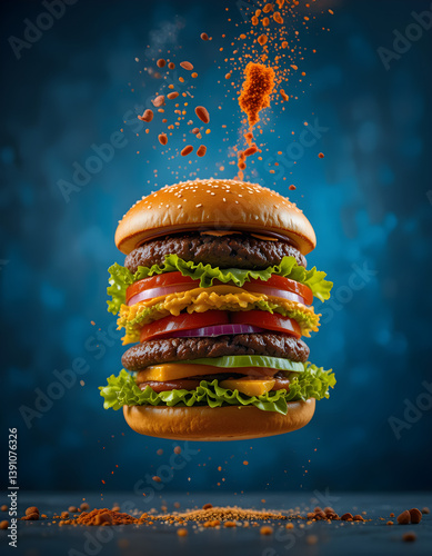 Isolated flying burger with each layer visible and spice particles in motion